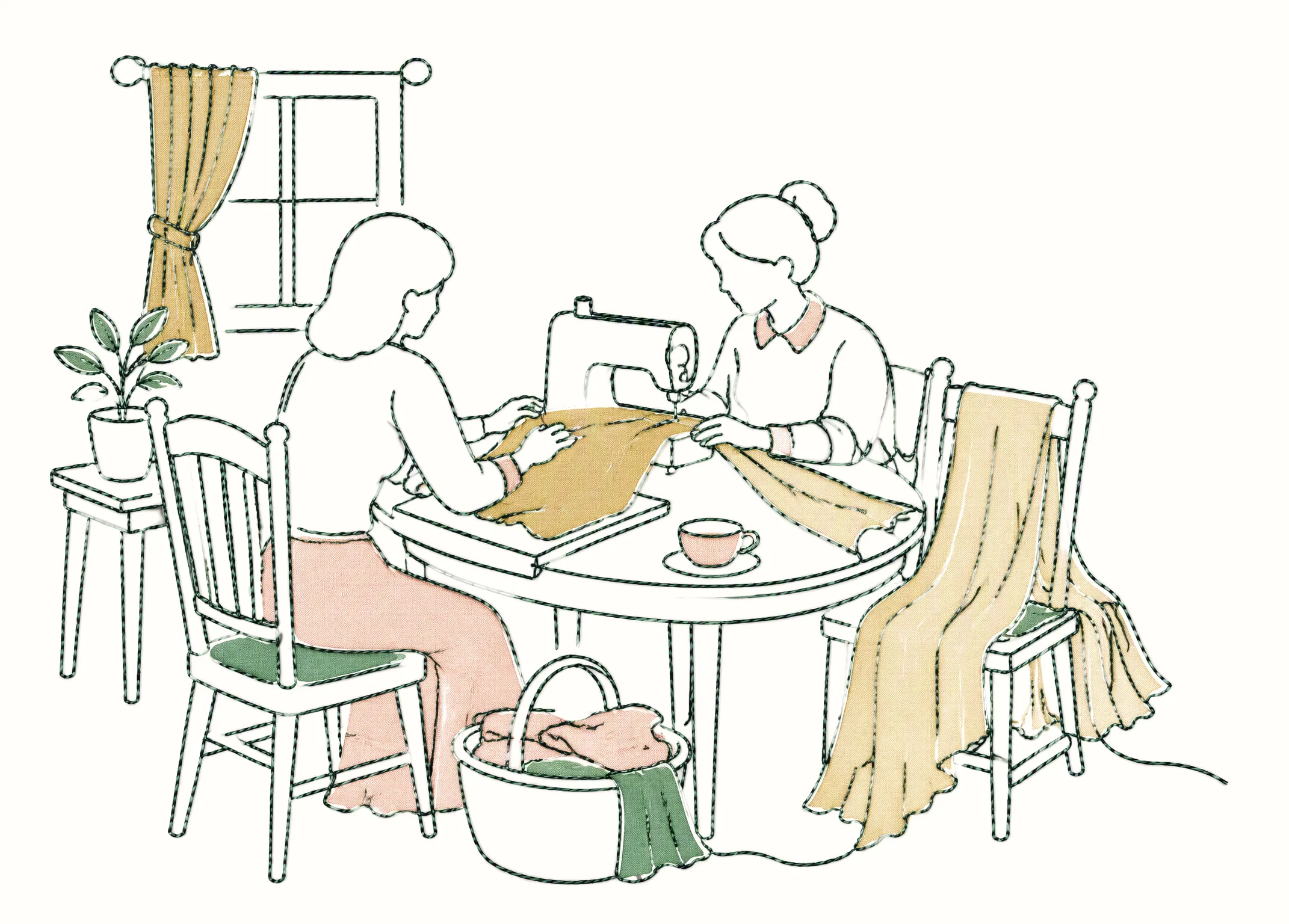 Line illustration of two people sewing curtains at a table at home, with a sewing machine and a basket of fabric
