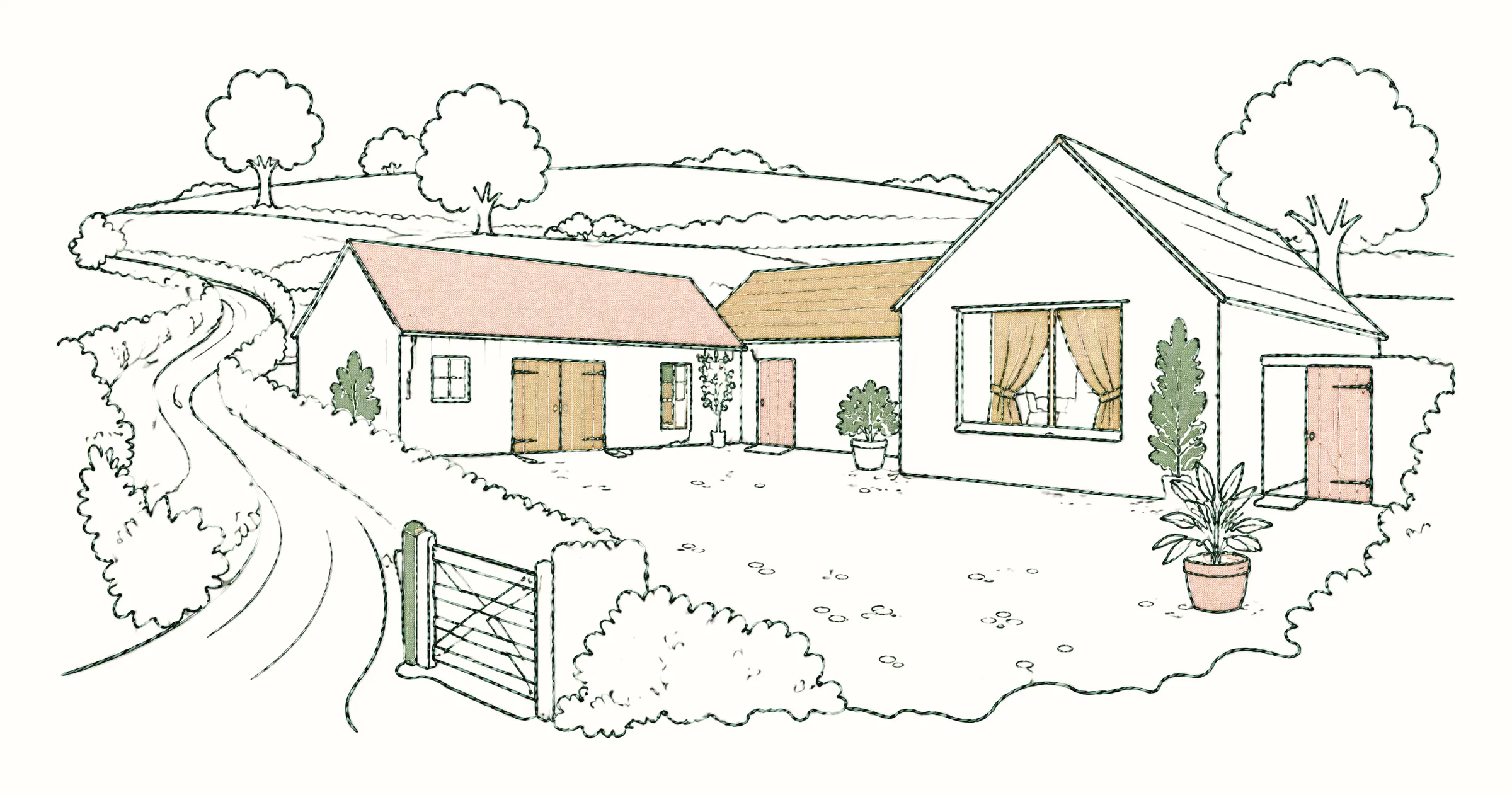 Line illustration of low farm buildings around a courtyard, with a gate and a winding lane