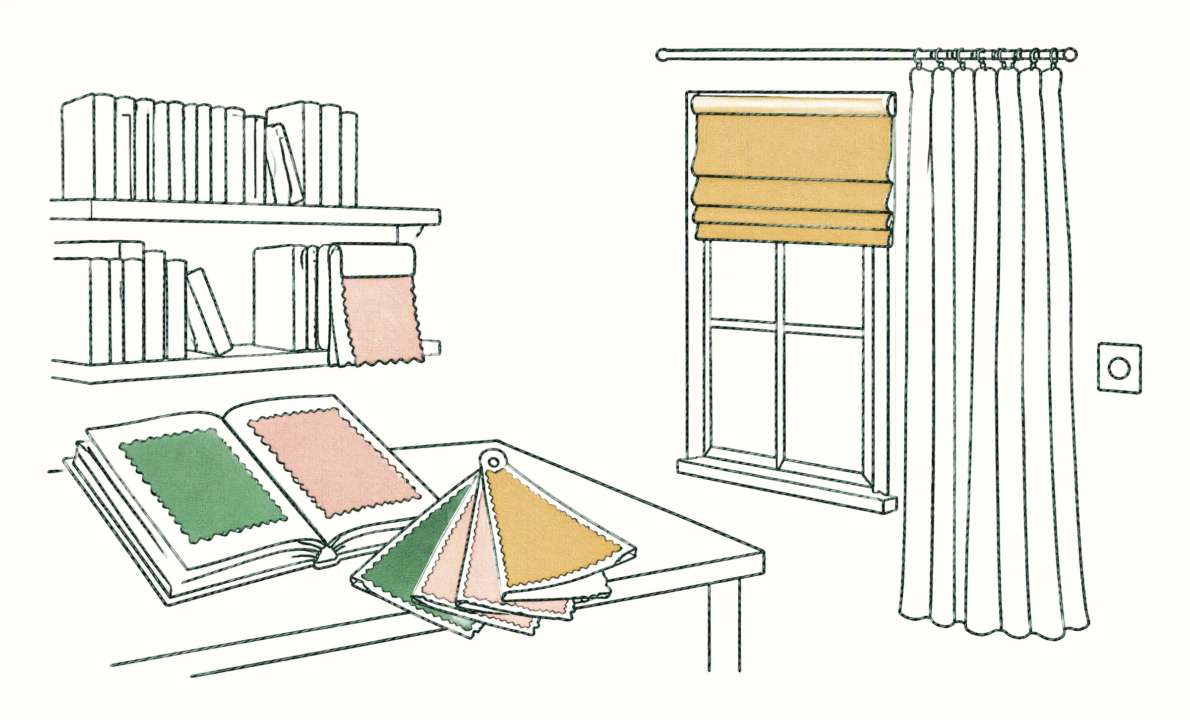 Line illustration of open fabric sample books and a fan of swatches on a table, beside a window with a Roman blind
