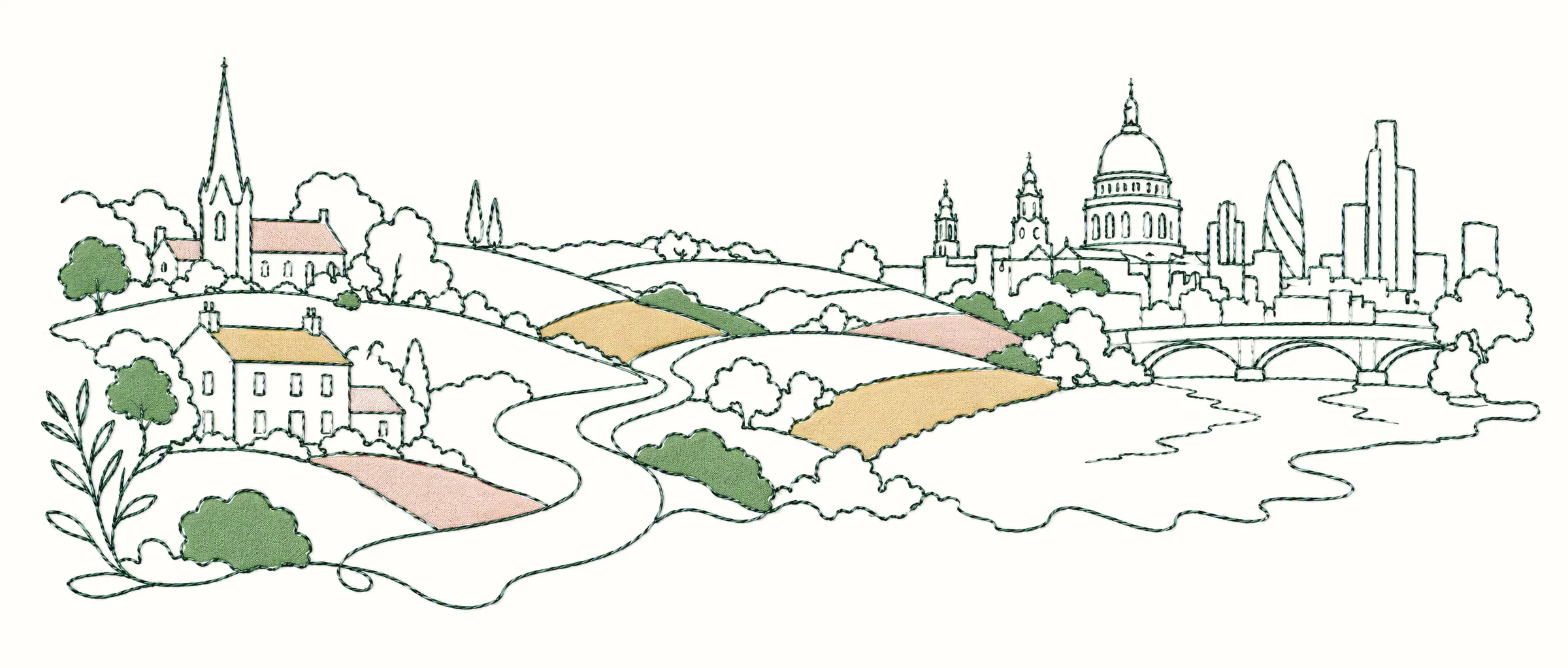 Line illustration of countryside, villages and fields running towards a city skyline