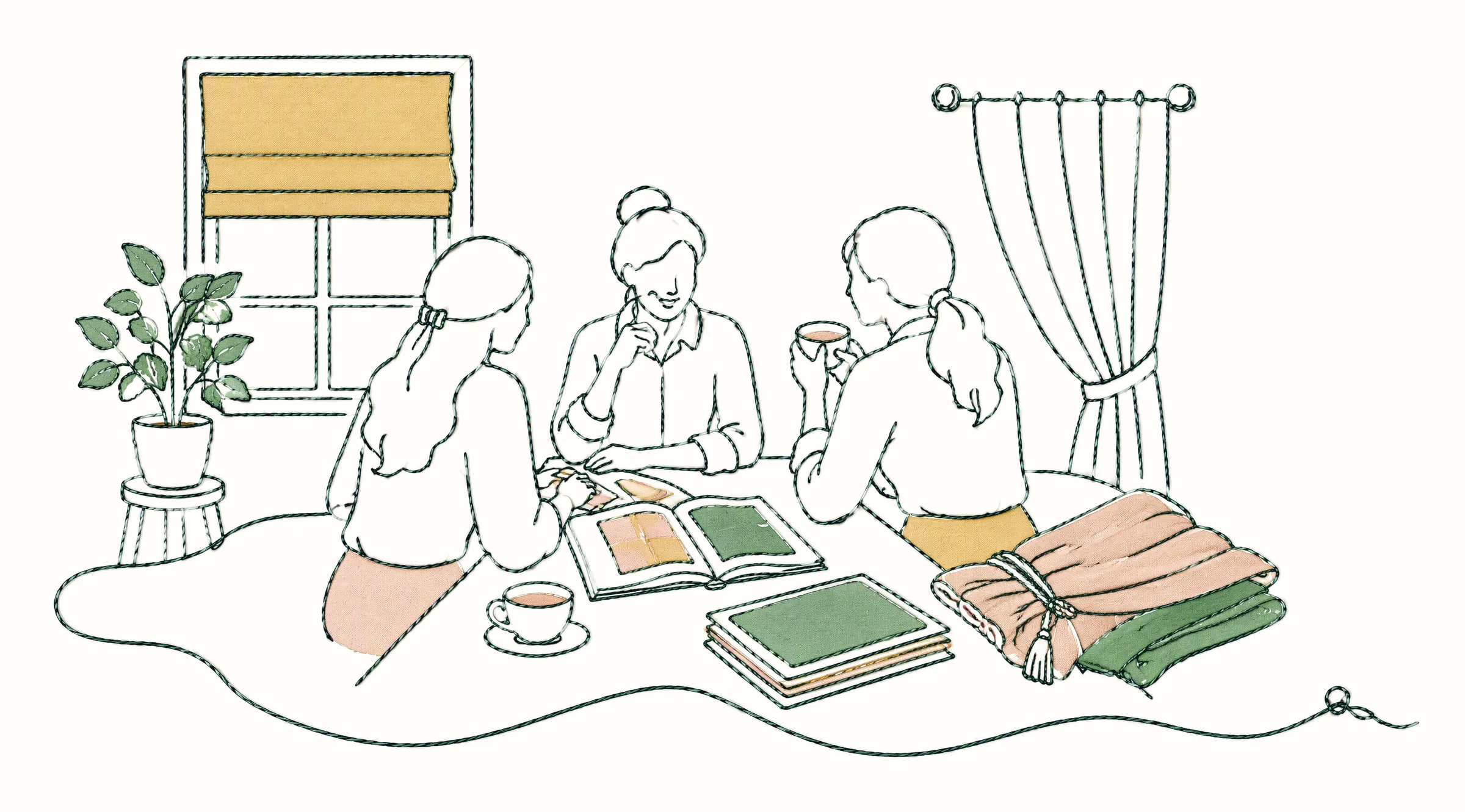 Line illustration of three people talking over fabric sample books and cups of tea at a table